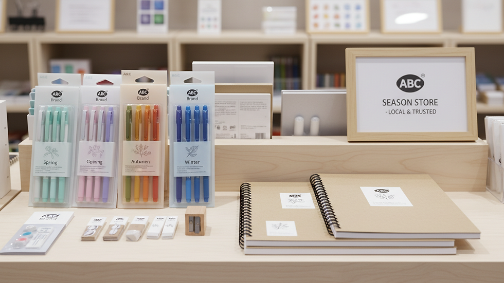 Close-up view of neatly arranged stationery items on a store shelf