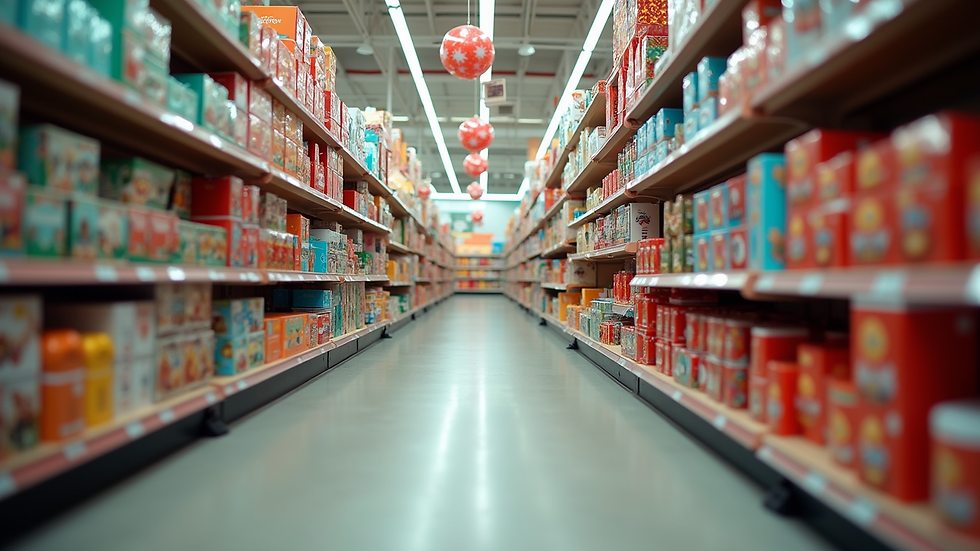 Eye-level view of a decorated seasonal store aisle filled with colorful party supplies