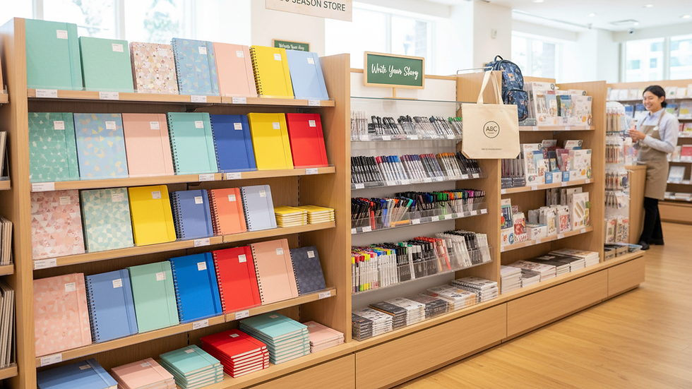 Eye-level view of a well-organized stationery aisle with colorful notebooks and pens