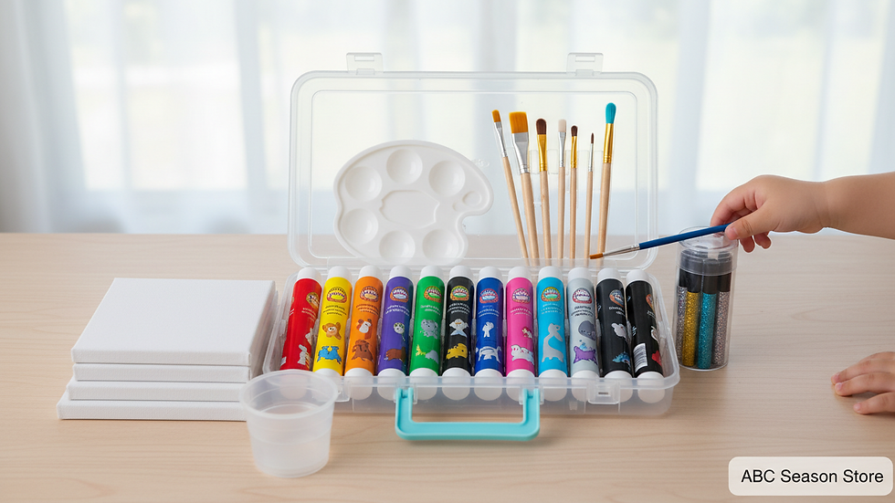 Eye-level view of a colorful kids art kit with paints and brushes