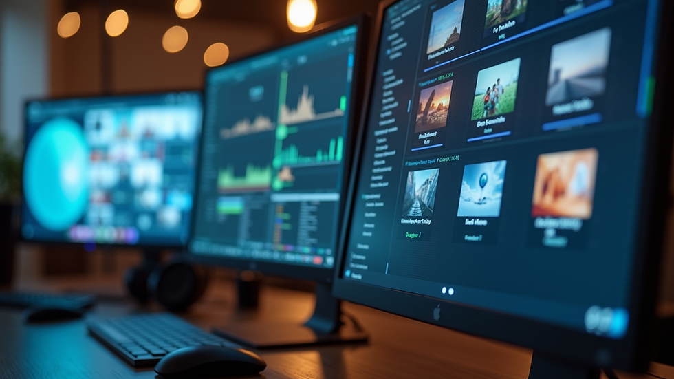 Eye-level view of a modern digital workspace with multiple screens displaying media files