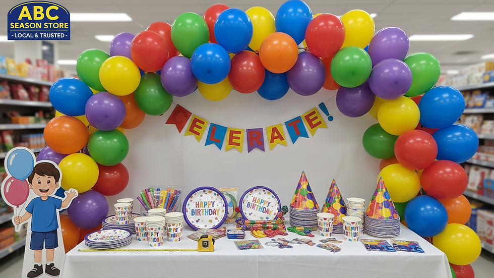 Eye-level view of colorful party balloons and decorations arranged neatly