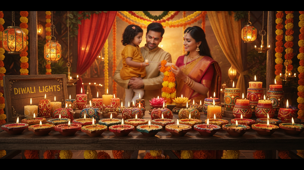Close-up view of vibrant Indian festival diyas and candles arranged for sale