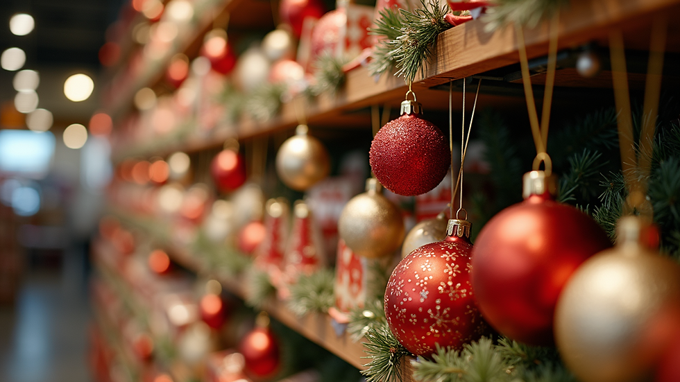 Close-up view of a festive product display with vibrant seasonal decorations