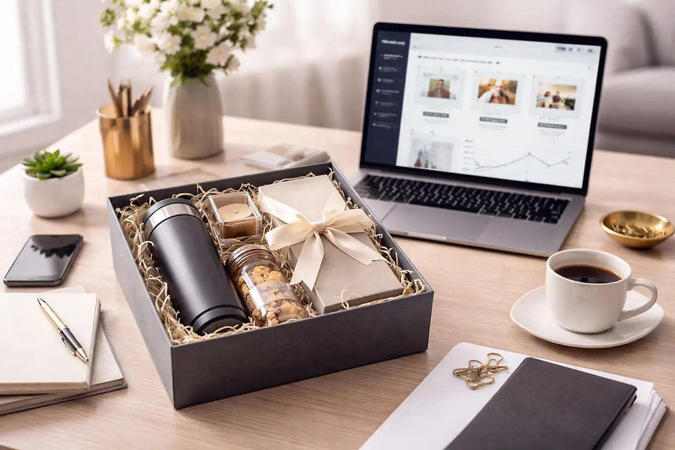 Corporate Gift Set with beatiful gift packing, unboxing on the working desktop, having cold coffee and live conference at ABC Season Store