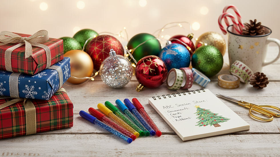 Close-up view of colorful festive decorations and stationery items on display