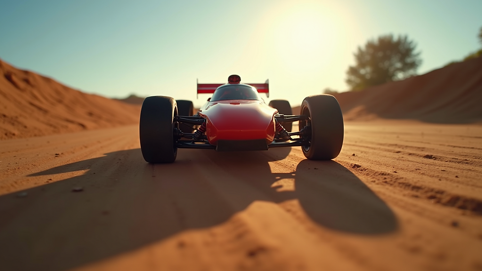 Eye-level view of a red remote control car on a dirt track