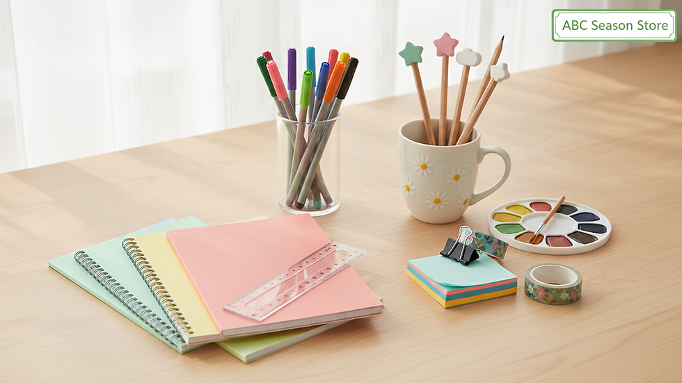 Close-up view of colourful stationery items arranged neatly