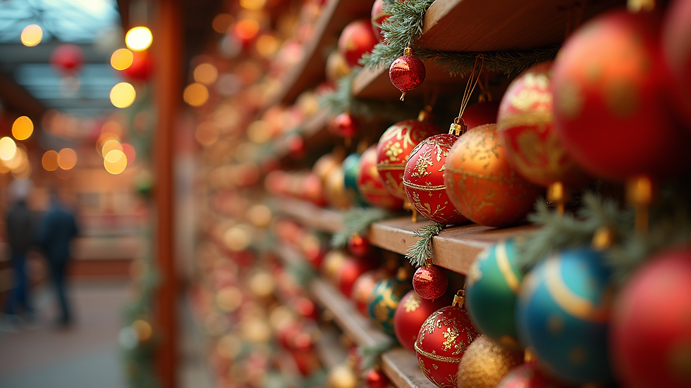 Eye-level view of colorful festival decorations arranged neatly on shelves