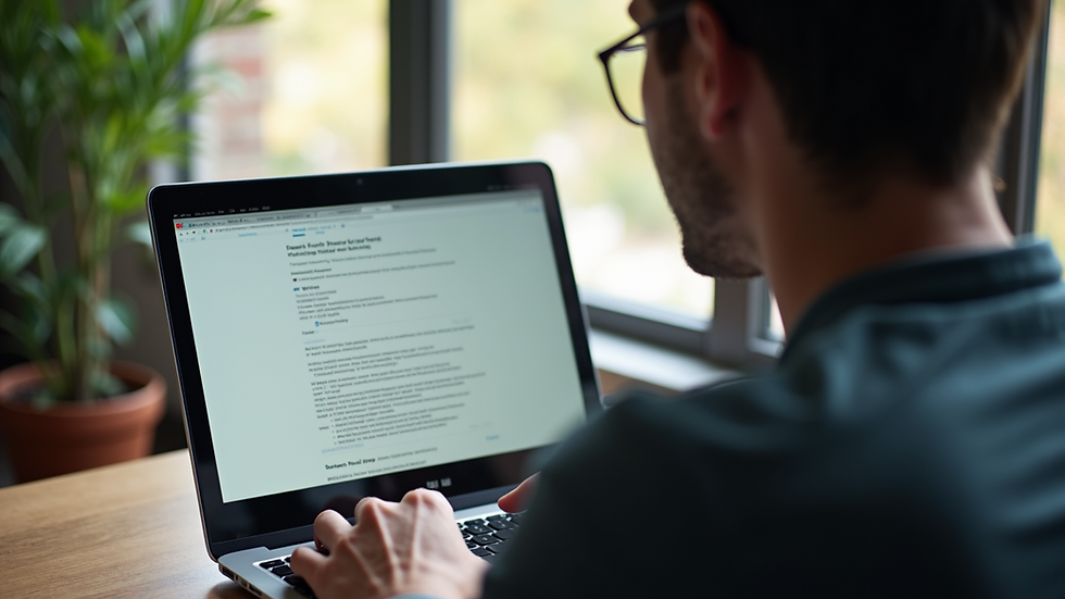 High angle view of a person typing on a laptop with a forum page open