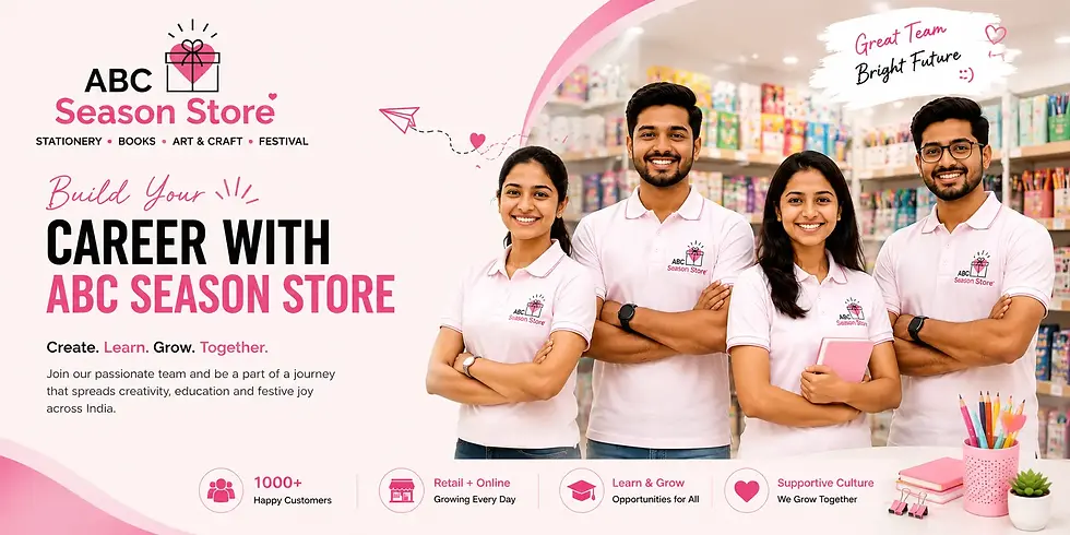 Join ABC Season Store and build a career in retail, stationery, e-commerce, inventory, and customer service. Apply for jobs in Rajkot today.