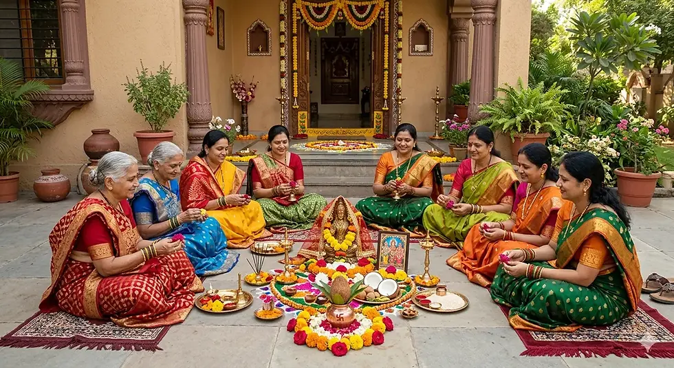 An Indian woman lighting a traditional brass diya lamp at a home altar during Purushottam Maas 2026 rituals.