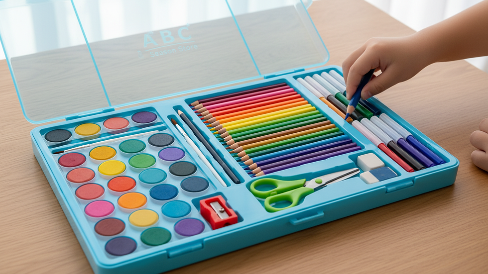 Close-up of colorful art supplies arranged neatly in a kids art kit
