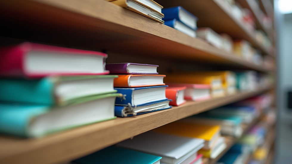 Close-up view of colorful pens and notebooks arranged neatly on shelves
