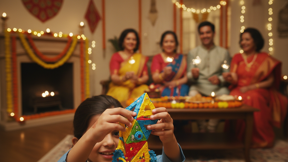 Close-up view of a child’s hands assembling a colorful STEM building set