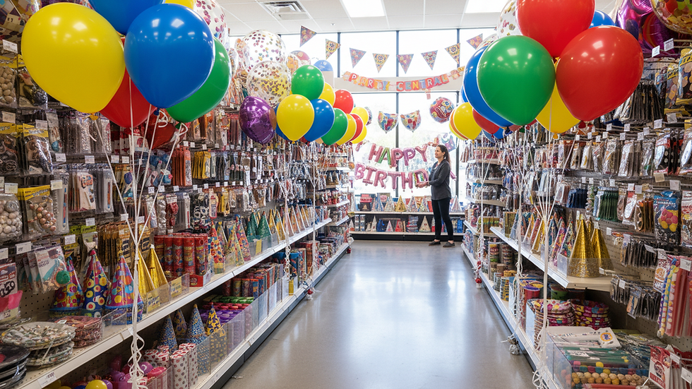 Eye-level view of colorful party balloons and decorations arranged in a store aisle