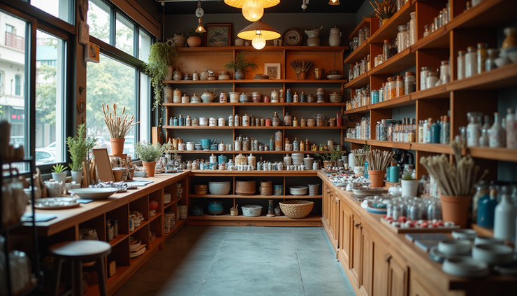 Eye-level view of colorful art supplies neatly arranged on wooden shelves in a Rajkot craft store