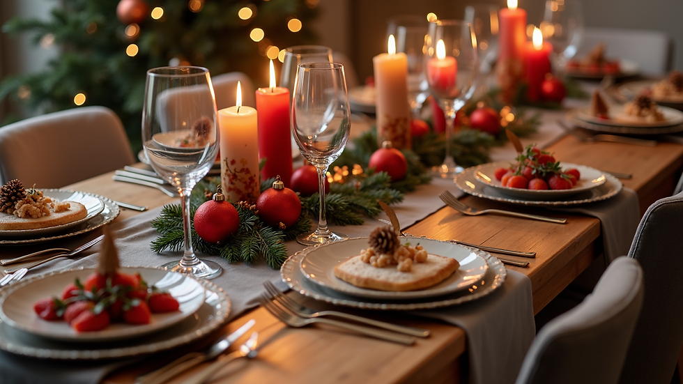 High angle view of a festive table setting with seasonal decorations and party essentials