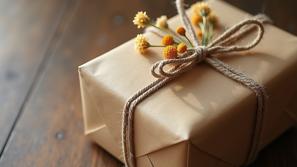 Close-up view of a gift wrapped in brown paper with twine and dried flowers