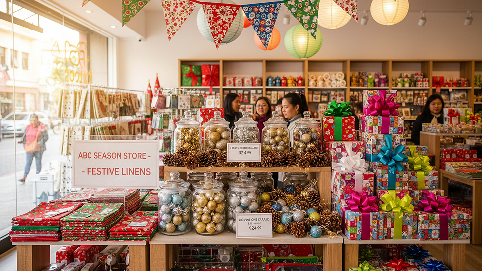 Eye-level view of colorful festive decorations displayed in a local fancy store