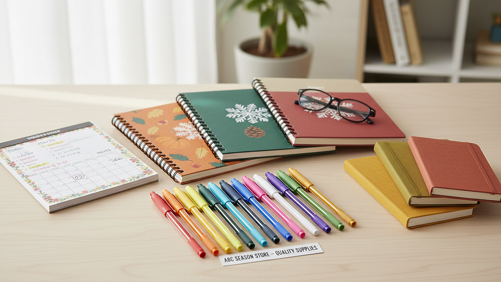 Close-up view of colorful pens and notebooks arranged neatly on a desk