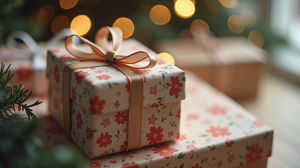 Eye-level view of a gift wrapped in floral patterned paper with a ribbon bow