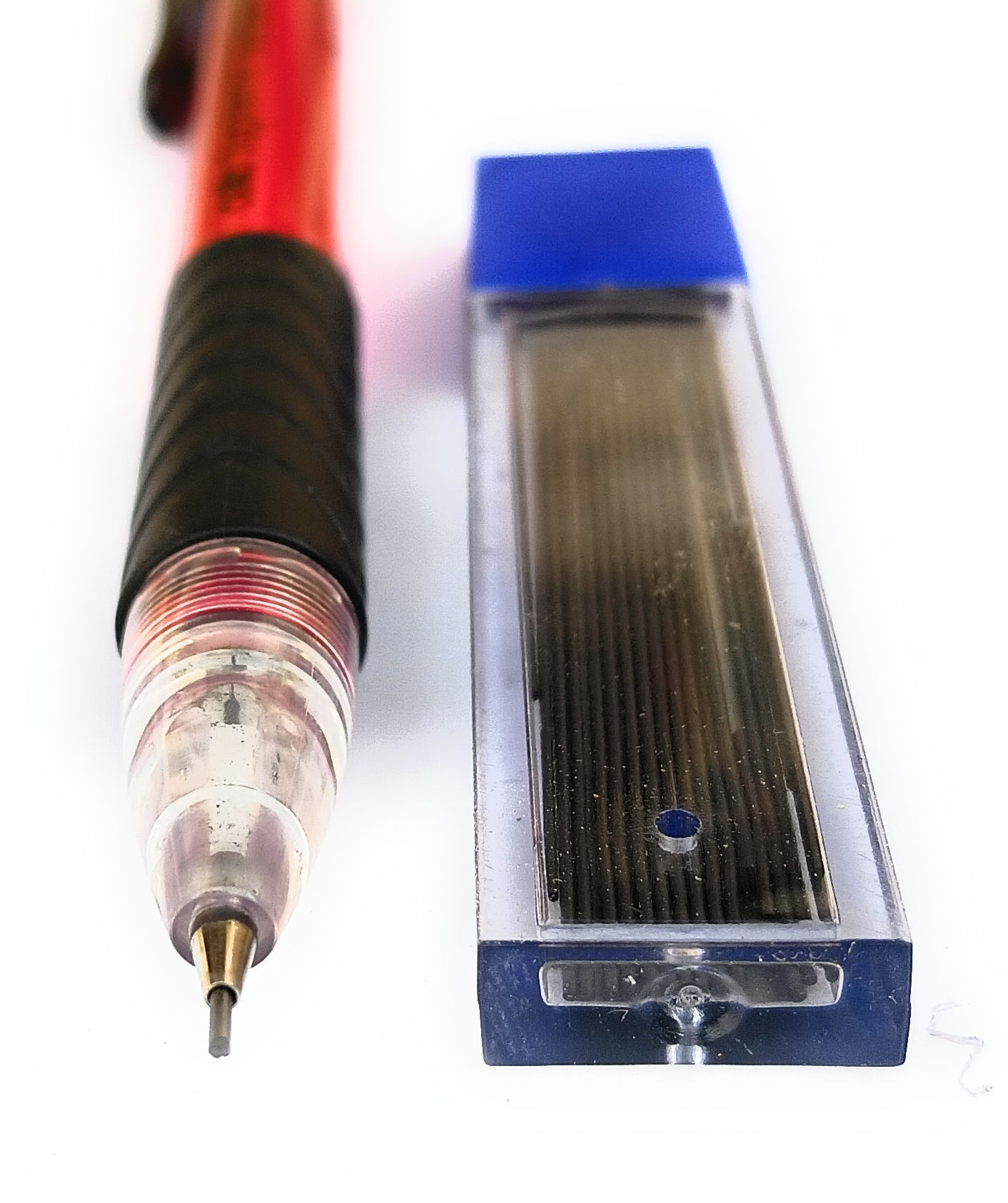 Lead box and mechanical pencil set designed in vibrant yellow, blue, red, and green with varied point sizes