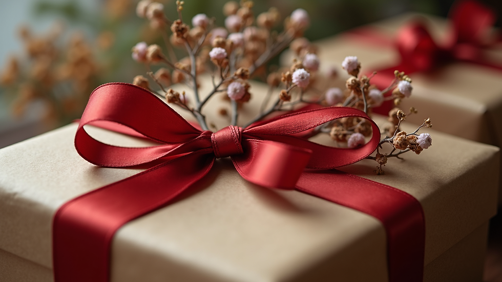 Close-up view of a gift wrapped in brown paper with a red ribbon and dried flowers