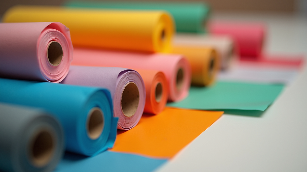Close-up view of colourful rolls of wrapping paper arranged neatly