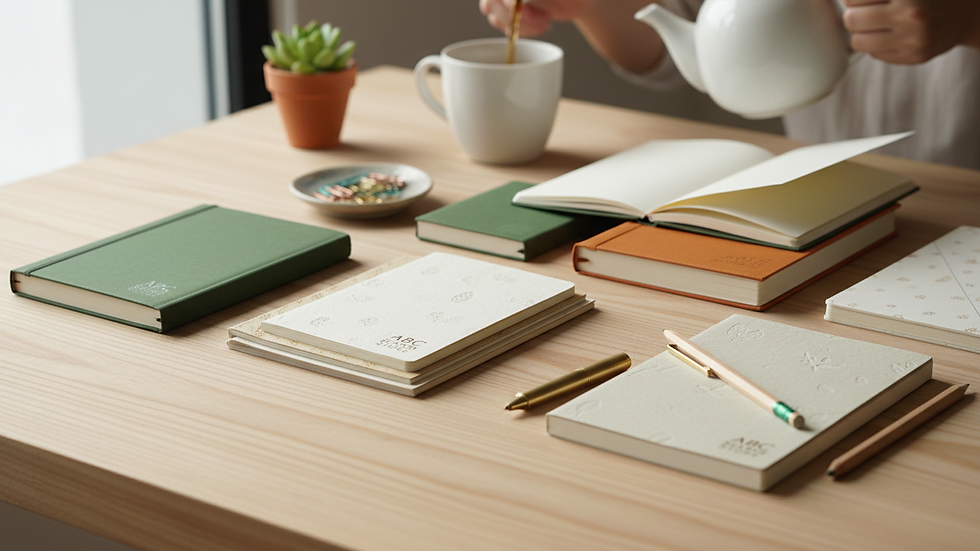 Close-up view of stylish stationery items displayed on a wooden table