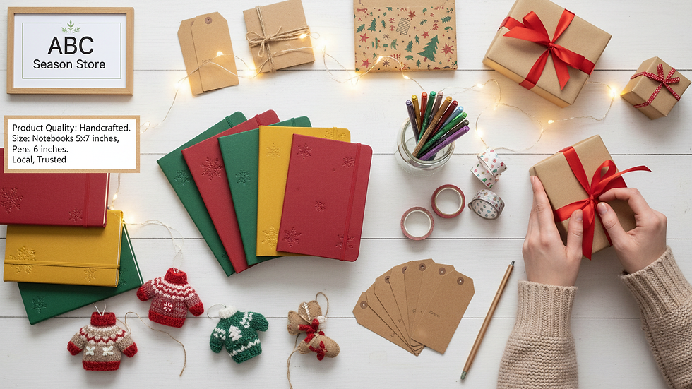 High angle view of a festive display with colorful decorations and stationery items