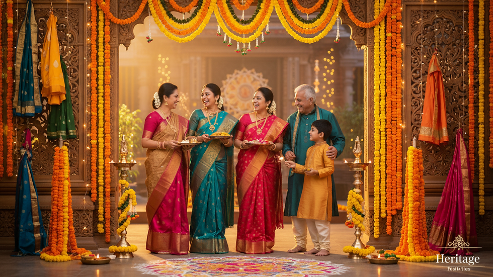 Eye-level view of colorful traditional Indian festival decorations arranged neatly