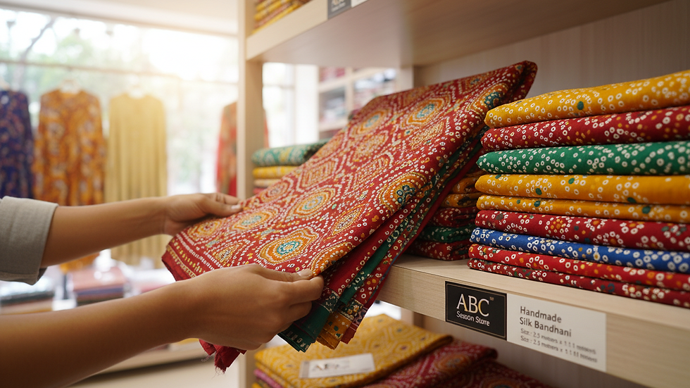 Close-up view of traditional Bandhani fabrics displayed in a store