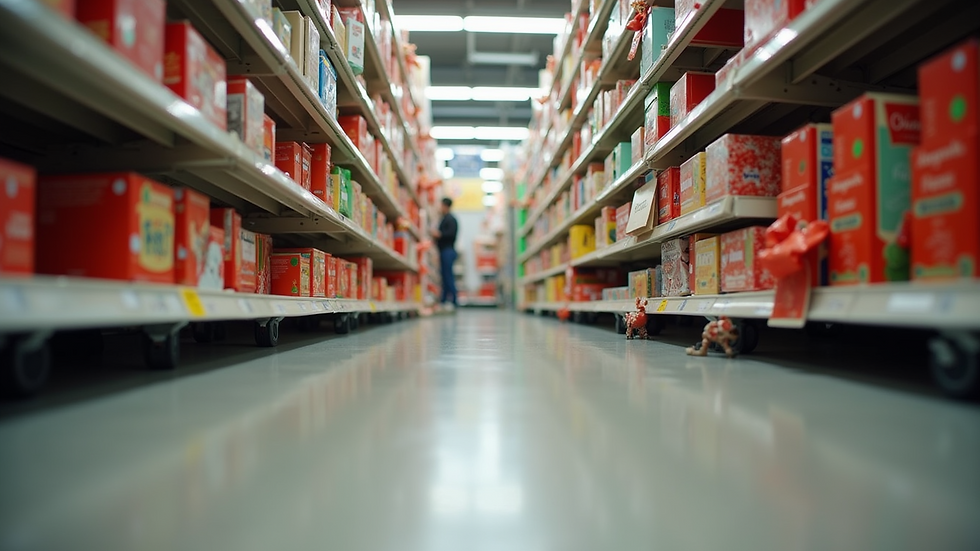 Eye-level view of a store aisle filled with colorful seasonal decorations