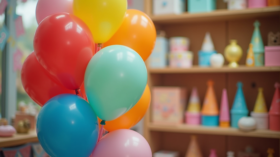 Close-up view of colorful party balloons and decorations displayed on shelves