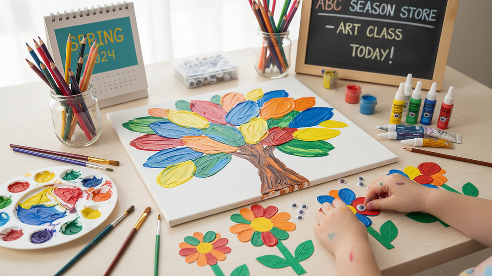 Close-up view of a child’s art project with vibrant colors and various art tools
