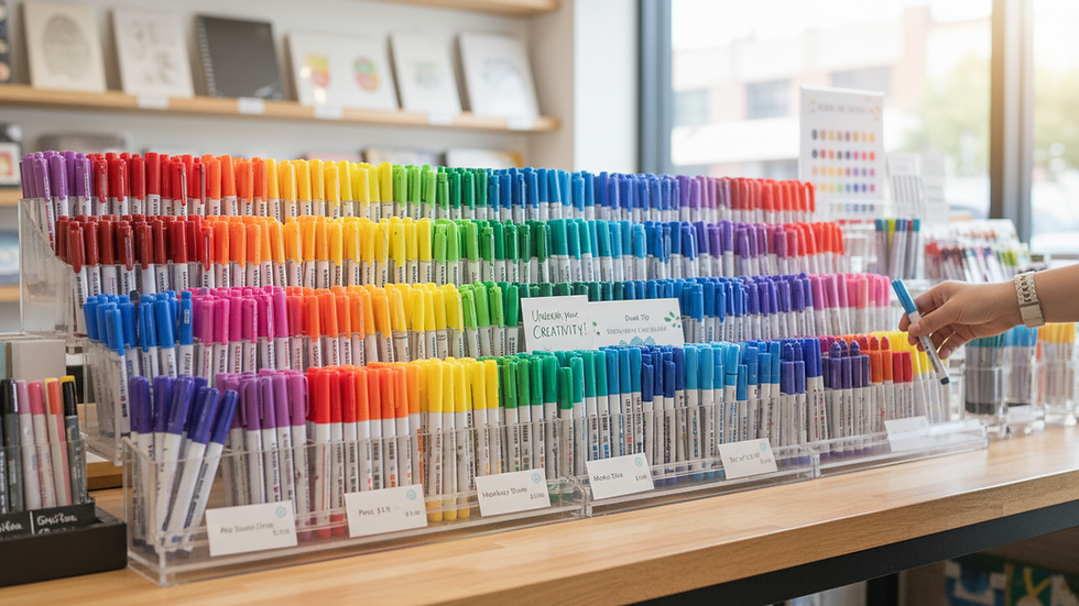 Eye-level view of a stationery store shelf filled with colorful notebooks and pens