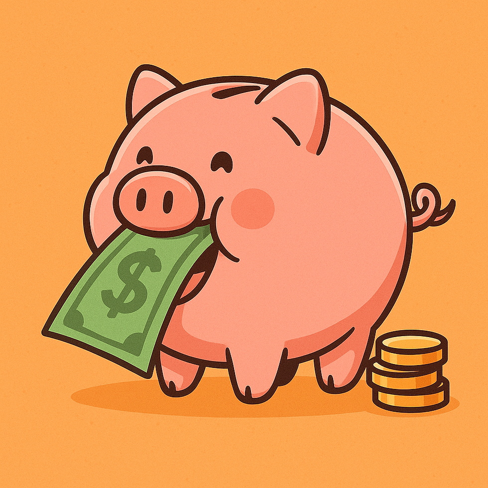 Cartoon pink piggy bank holding a dollar bill, next to stacked coins on an orange background, conveying savings and wealth.