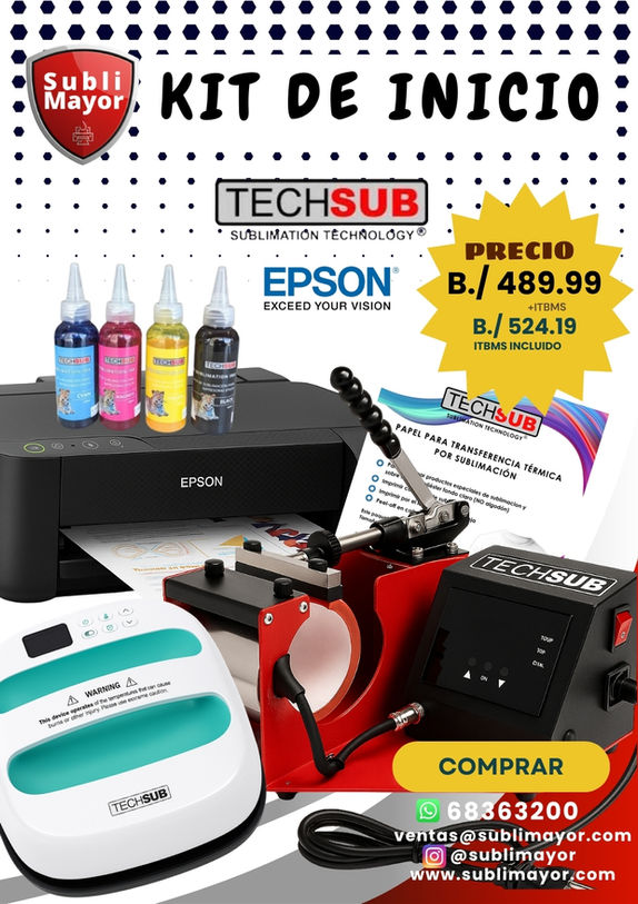 Se muestra un Kit Básico para iniciar con bajo presupuesto, Incluye Prensa Portatil marca Techsub, Prensa de Tazas marca Techsub, Impresora marca Epson, papel y tintas de Sublimación.