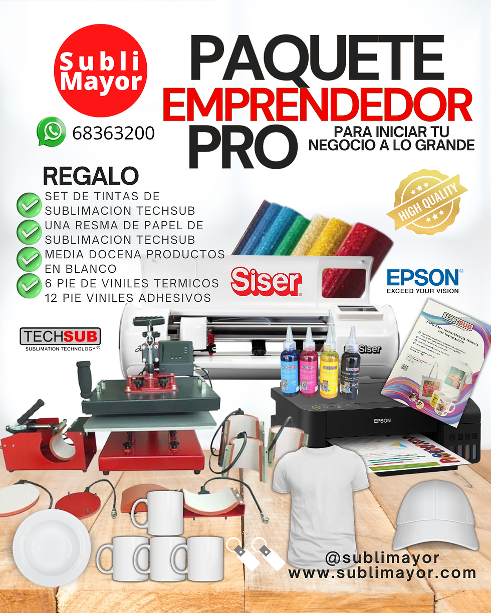 un combo para iniciar tu negocio, el paquete emprendedor incluye una Prensa Térmica Multifuncional Techsub, un Plotter de corte juliet by Siser, una impresora Epson, papel y tinta de sublimación y media docena de productos en blanco para personalizar