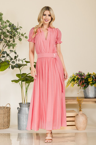 894 puff sleeve, ruffle detail around neck tie belt maxi