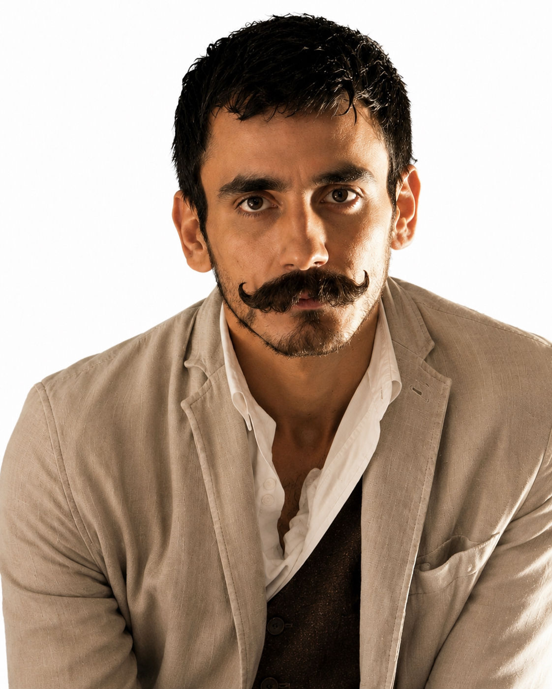 Model wearing the Howie fake mustache style custom made on French lace..