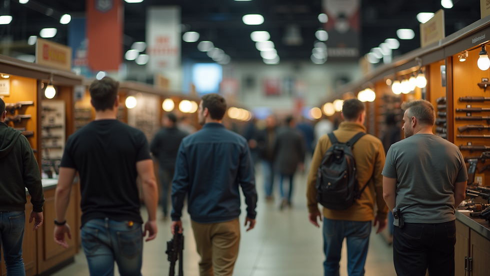 Wide angle view of a bustling gun show with various booths and displays