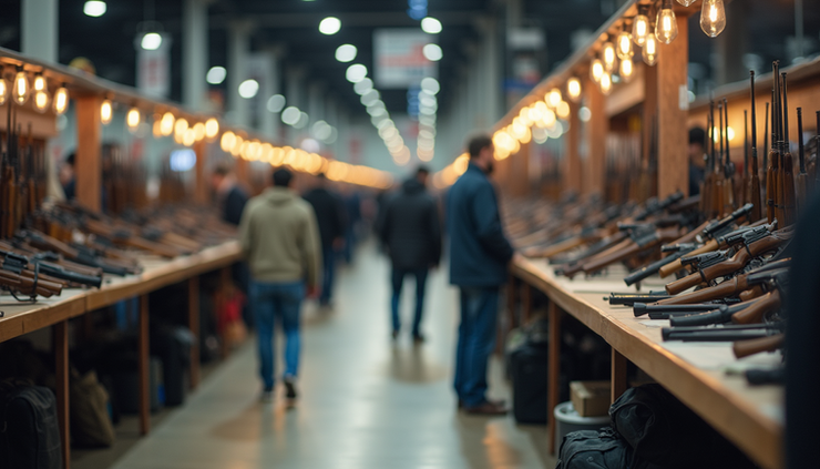Eye-level view of a crowded gun show floor with various firearms displayed on tables