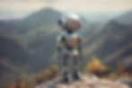 a small childish robot stands on top of a mountain and gazes to the horizon meaning to the