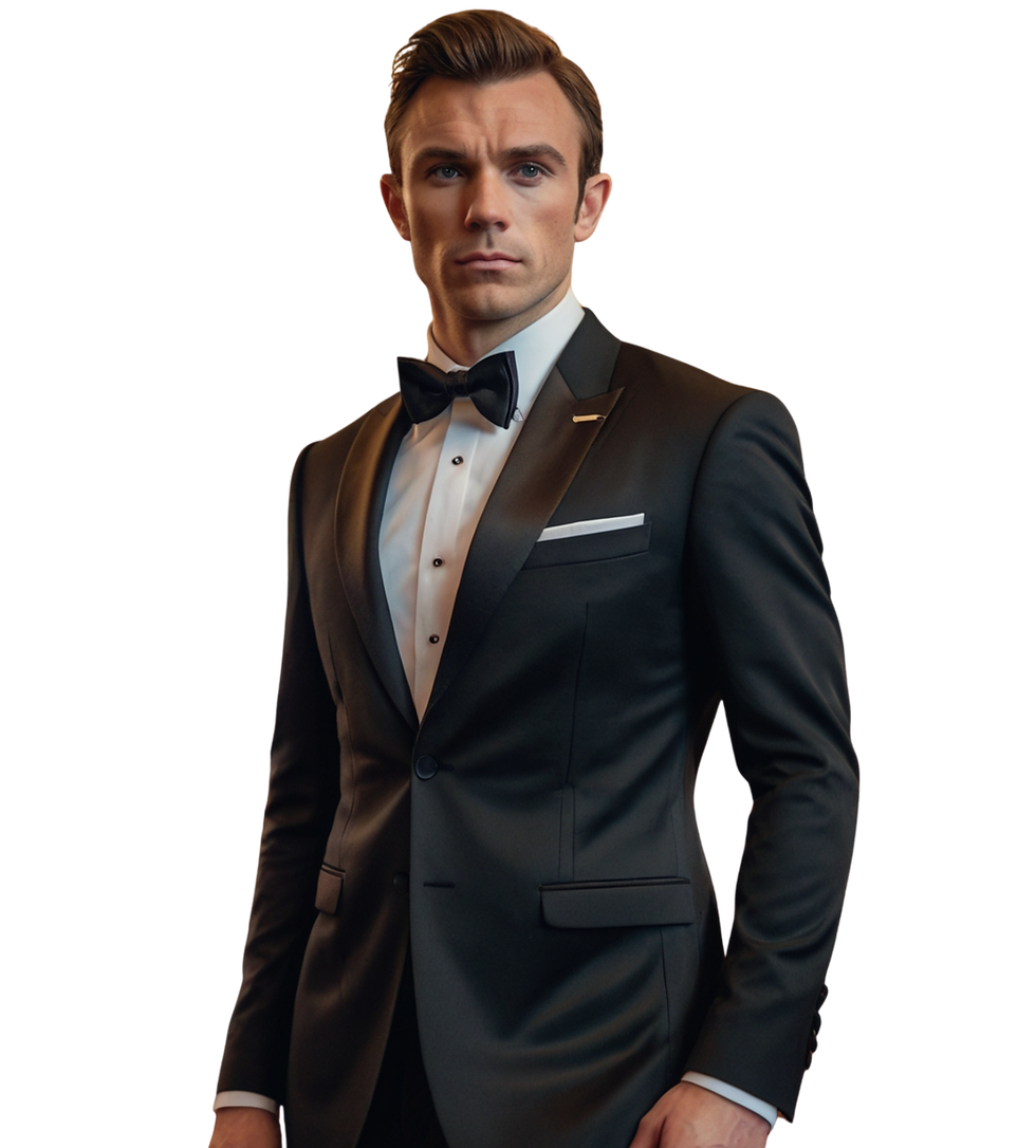 Man in a tuxedo looking at the camera; tuxedo rental