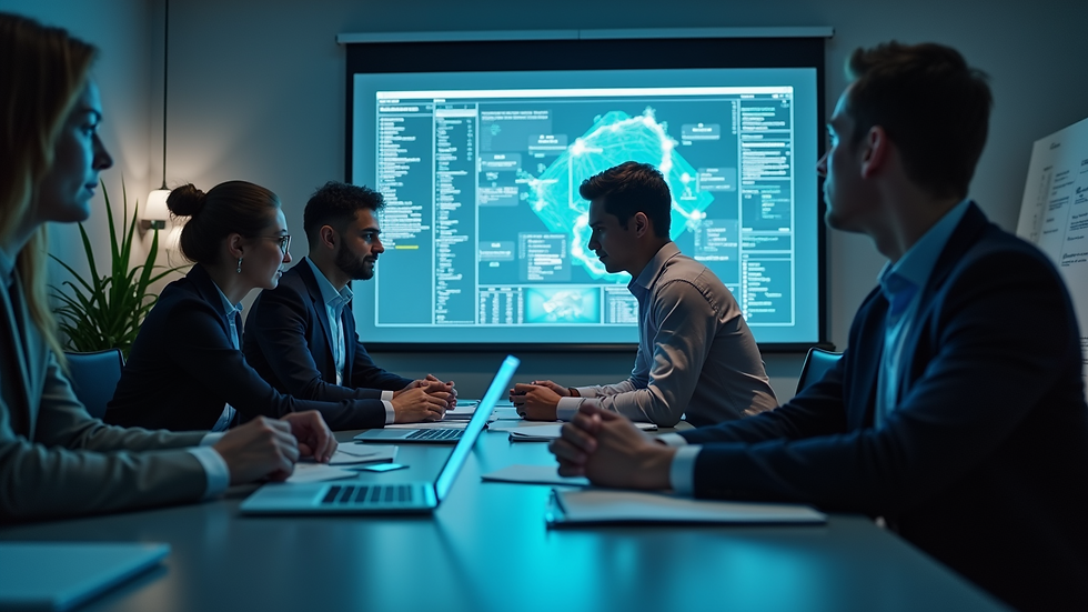 Eye-level view of a business team collaborating with GenAI tools