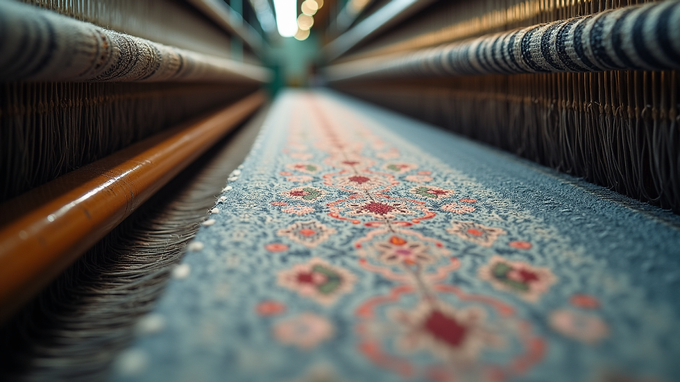 Eye-level view of a jacquard loom with intricate fabric patterns
