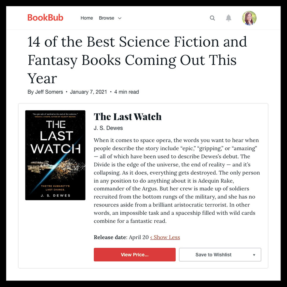 Publishing Quest » The Last Watch, BookBub 14 Best Sci-Fi & Fantasy coming in 2021