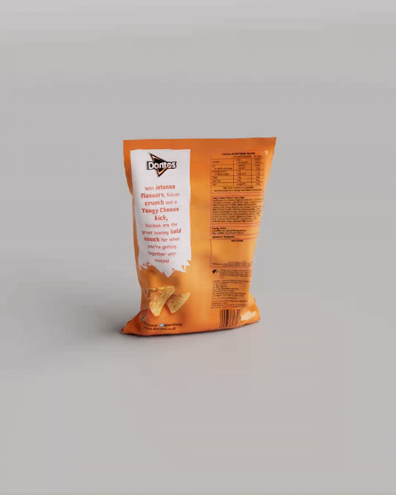 A digital twin or virtual replica of a bag of Doritos Tortilla Chips.